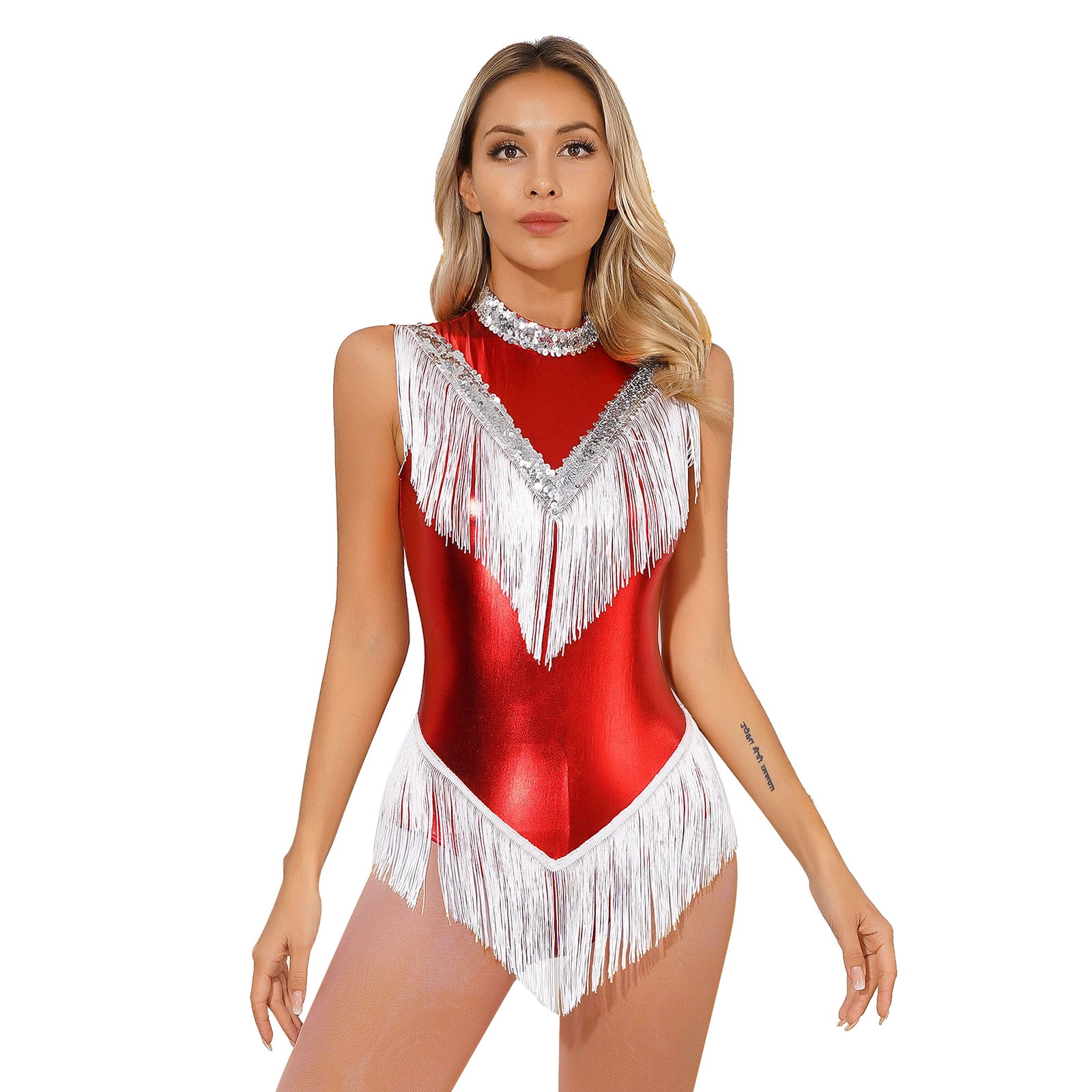 TiaoBug Women Sparkly Sequin Latin Jazz Dance Outfit Sleeveless Leotard Ballroom Dance Dress Burgundy Xxl