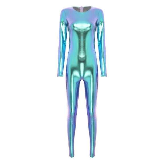 TiaoBug Women's Shiny Liquid Full Body Suits Round Neck Unitard Back Zipper Catsuit Stage Costume Blue L