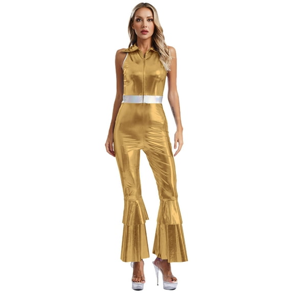 TiaoBug Women's Shiny Metallic Bell-bottom Jumpsuits 70s Hippie Costume Disco Dance Party Clubwear Gold L
