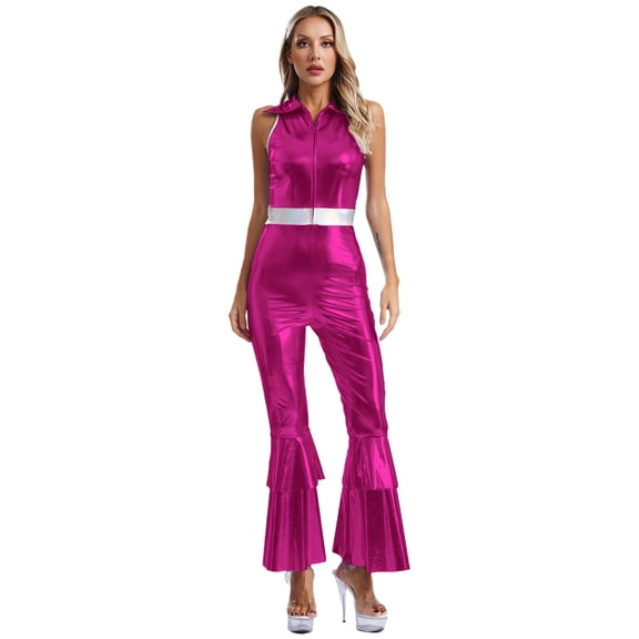 TiaoBug Women's Shiny Metallic Bell-bottom Jumpsuits 70s Hippie Costume Disco Dance Party Clubwear Hot Pink S