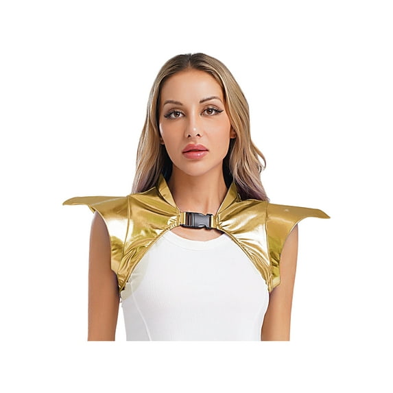 TiaoBug Women's Shiny Metallic Steampunk Gothic Shoulder Armor Collared Jacket Shrug for Festivals Club Party Gold M