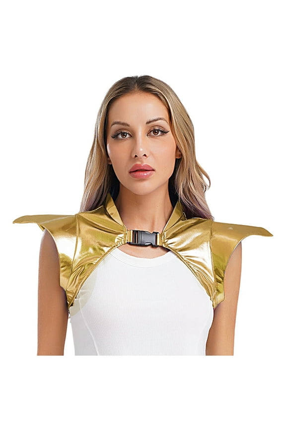Women's Shiny Metallic Steampunk Gothic Shoulder Armor Collared Jacket Shrug for Festivals Club Party Gold XXL