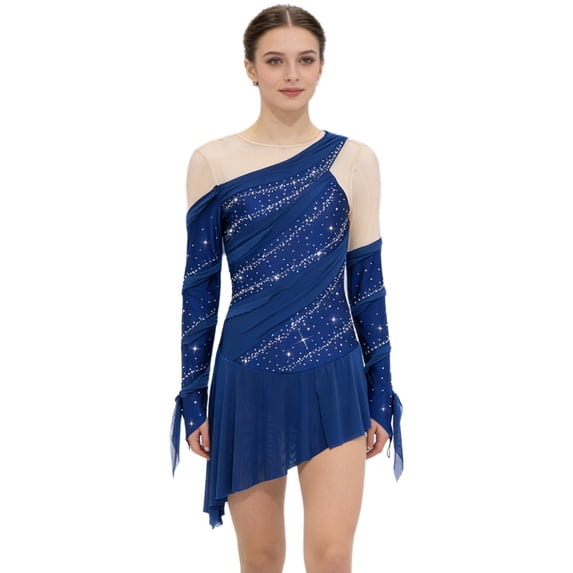 TiaoBug Women's Shiny Rhinestone Lyrical Dance Dress Asymmetrical Figure Skating Dress Ballet Dancewear Navy Blue M