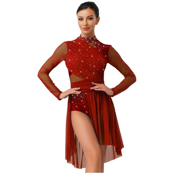 TiaoBug Women's Shiny Rhinestone Lyrical Dance Dress Long Sleeve Flowy Tulle Skirt Leotard Dancewear Burgundy XXL
