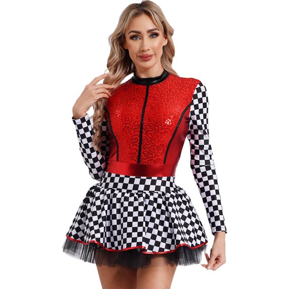 TiaoBug Women's Shiny Sequins Checkerboard Racer Dress Long Sleeves A-line Tulle Skirt with Shorts Red 3XL