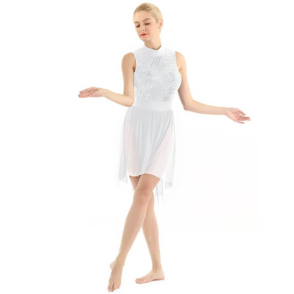 TiaoBug Women's Shiny Sequins Lyrical Dance Dress Halter Neck Sleeveless Leotard Ballet Dance Dress White X-Large