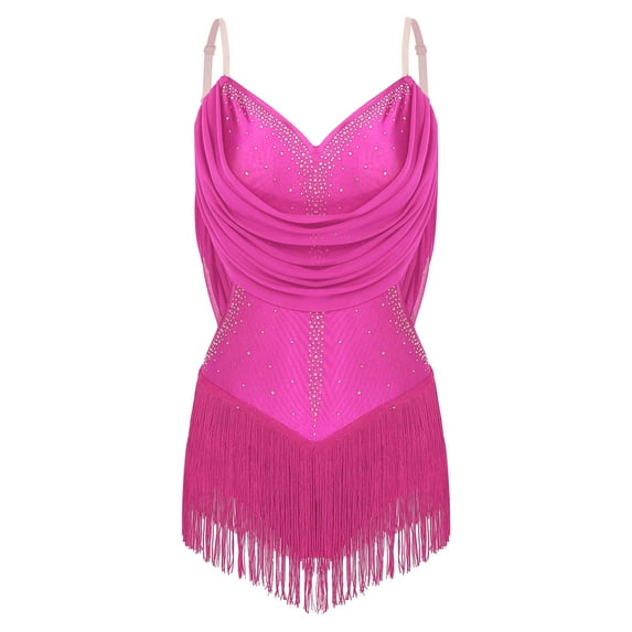 TiaoBug Women's Salsa Latin Dance Dress Fringe Tassels Camisole Leotard Sleeveless Rhinestones Mesh Bodysuit Hot Pink XL