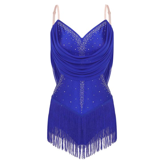TiaoBug Women's Salsa Latin Dance Dress Fringe Tassels Camisole Leotard Sleeveless Rhinestones Mesh Bodysuit Royal Blue S