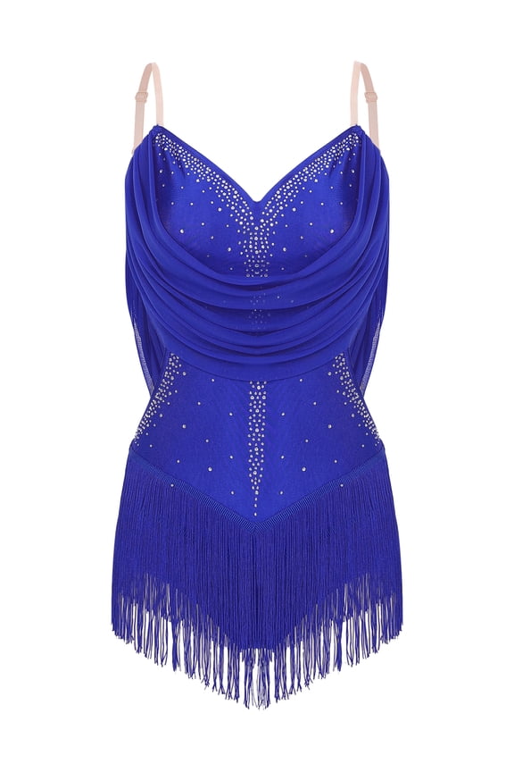 Women's Salsa Latin Dance Dress Fringe Tassels Camisole Leotard Sleeveless Rhinestones Mesh Bodysuit Royal Blue S