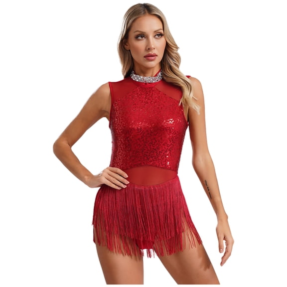 TiaoBug Women's Sleeveless Sequins Latin Leotard Tassel Dress Jazz Tango Fringed Dancewear Burgundy M