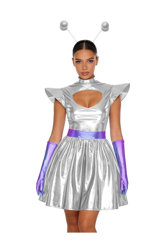 Women's Space Alien Dress Metallic Outerspace Cutie Robot Outfits with Antenna Hair Hoop Clubwear Silver S