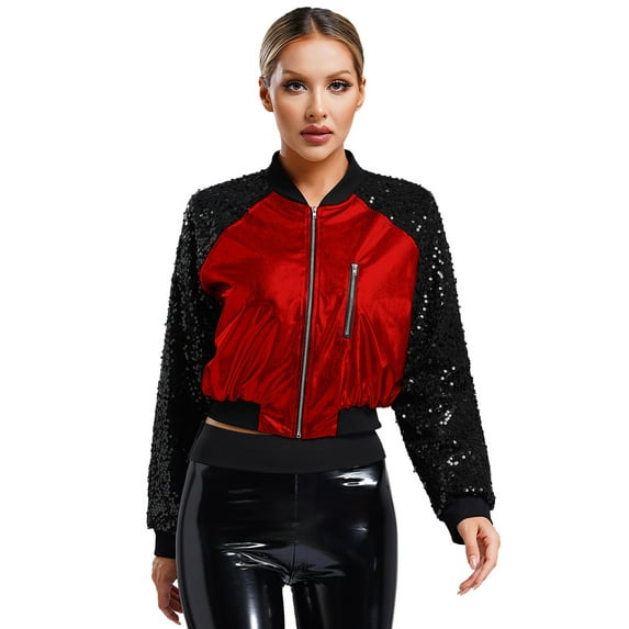 TiaoBug Women's Sparkly Sequin Jacket Glitter Long Sleeves Front Zip Up Bomber Baseball Outerwear Red S