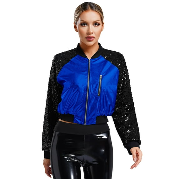 TiaoBug Women's Sparkly Sequin Jacket Glitter Long Sleeves Front Zip Up Bomber Baseball Outerwear Royal Blue XXL