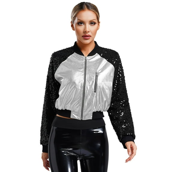 TiaoBug Women's Sparkly Sequin Jacket Glitter Long Sleeves Front Zip Up Bomber Baseball Outerwear Silver M