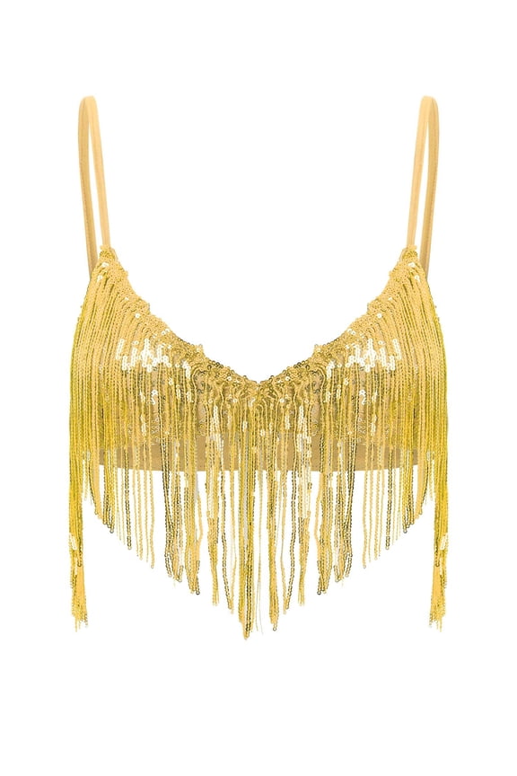 Women's Sparkly Sequin Tassel Bra Top Belly Dance Performance Fringed Bralette for Rave Festival Gold XL