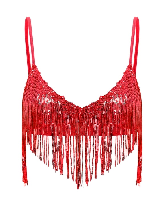 Women's Sparkly Sequin Tassel Bra Top Belly Dance Performance Fringed Bralette for Rave Festival Red 3XL