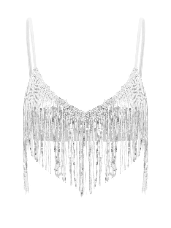 Women's Sparkly Sequin Tassel Bra Top Belly Dance Performance Fringed Bralette for Rave Festival Silver S