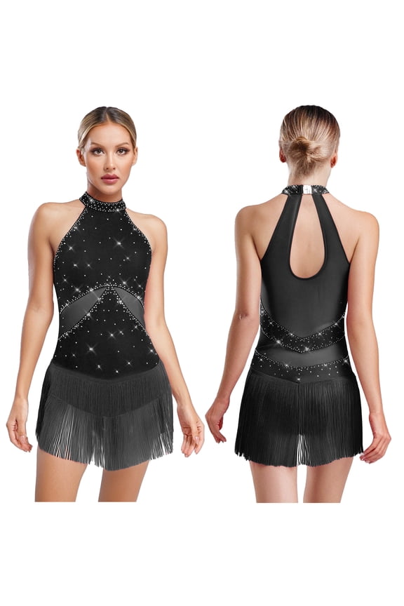 Women's Tassel Latin Dance Dress Leotard Sleeveless Fringe Tango Samba Cha-cha Competition Dress Black XL