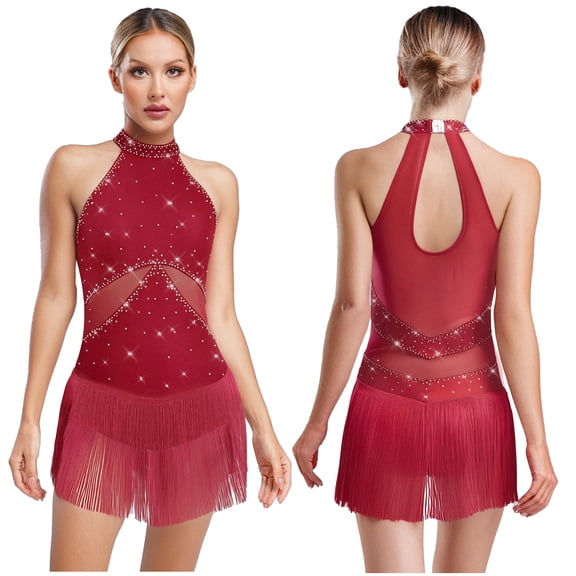 TiaoBug Women's Tassel Latin Dance Dress Leotard Sleeveless Fringe Tango Samba Cha-cha Competition Dress Burgundy L