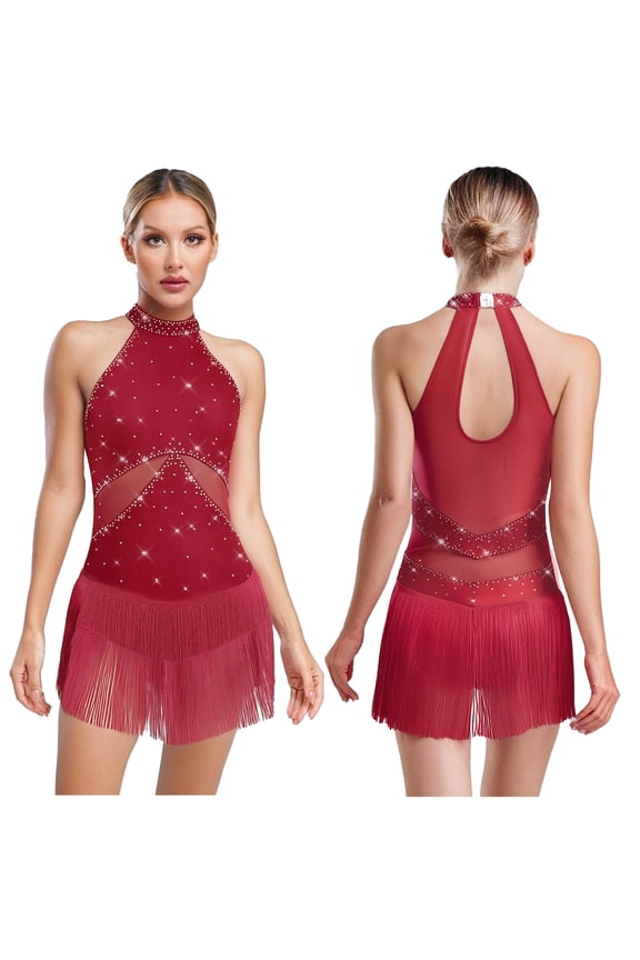 Women's Tassel Latin Dance Dress Leotard Sleeveless Fringe Tango Samba Cha-cha Competition Dress Burgundy M