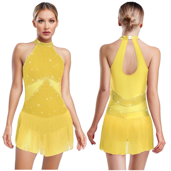 TiaoBug Women's Tassel Latin Dance Dress Leotard Sleeveless Fringe Tango Samba Cha-cha Competition Dress Yellow L