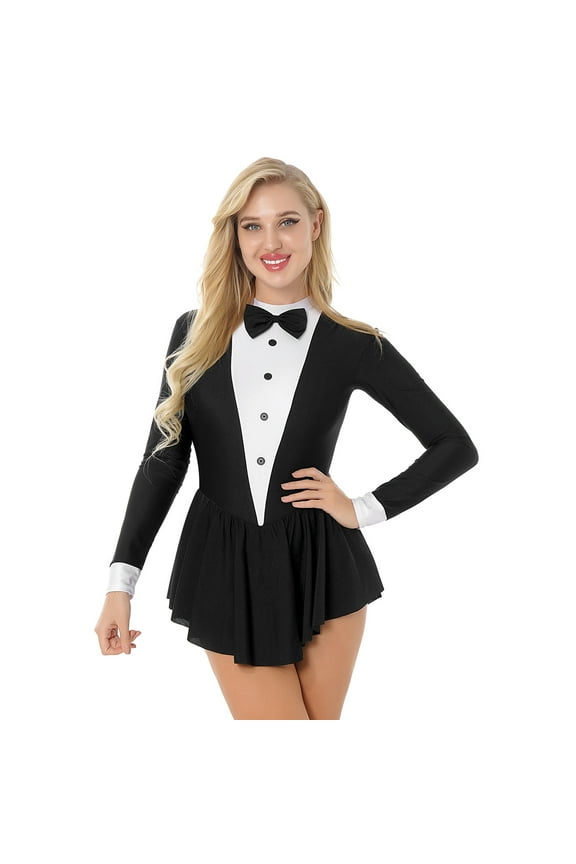 Women's Tuxedo Waitress Bodysuit Dress Cosplay Costume Long Sleeve Dress Dancewear Black L
