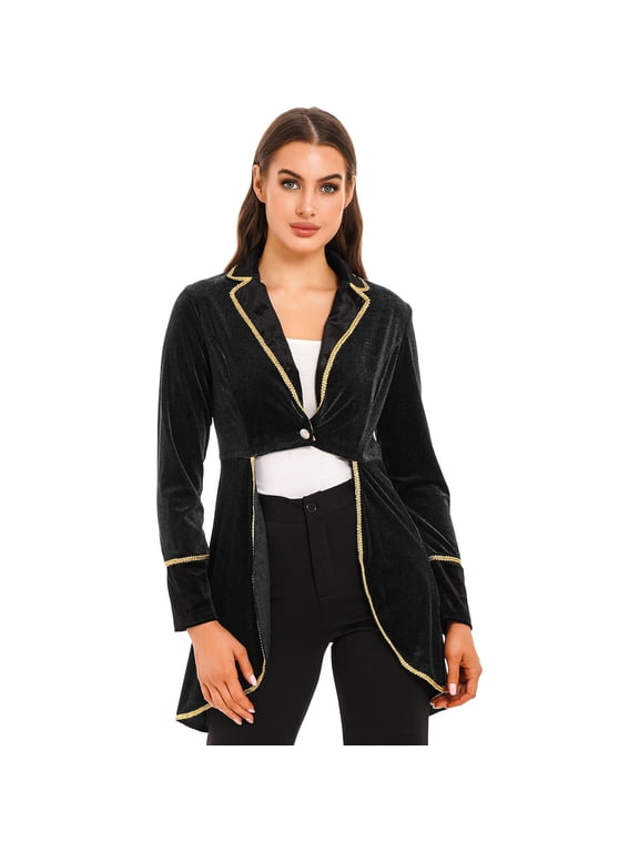 Women's Velvet Tailcoat Circus Ringmaster Costume Swallow-Tailed Blazer Jacket Coat