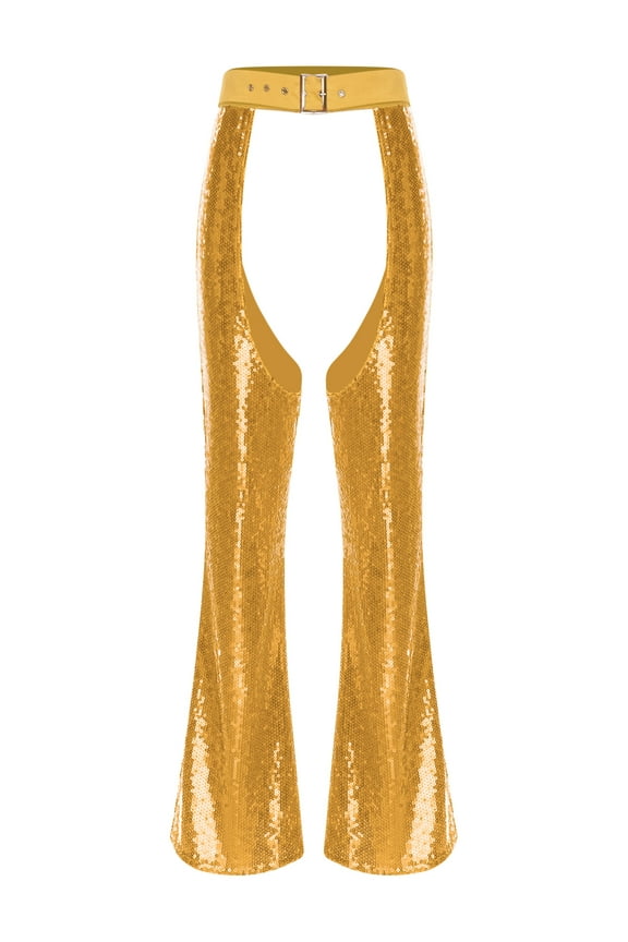 Women's Western Cowgirl Pants Adjustable Waist Sequins Chaps Cowboy Dance Trousers for Club & Party Gold XL