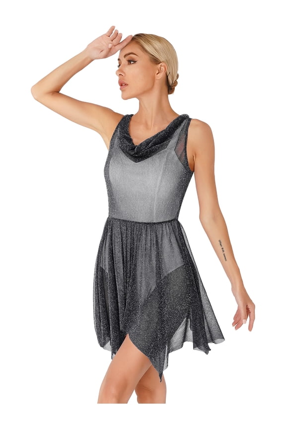 Women's Worship Praise Tunic Church Robe See-Through Glittery Dance Dress Dancewear Black XXL