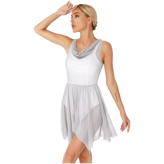 TiaoBug Women's Worship Praise Tunic Church Robe See-Through Glittery Dance Dress Dancewear Silver L