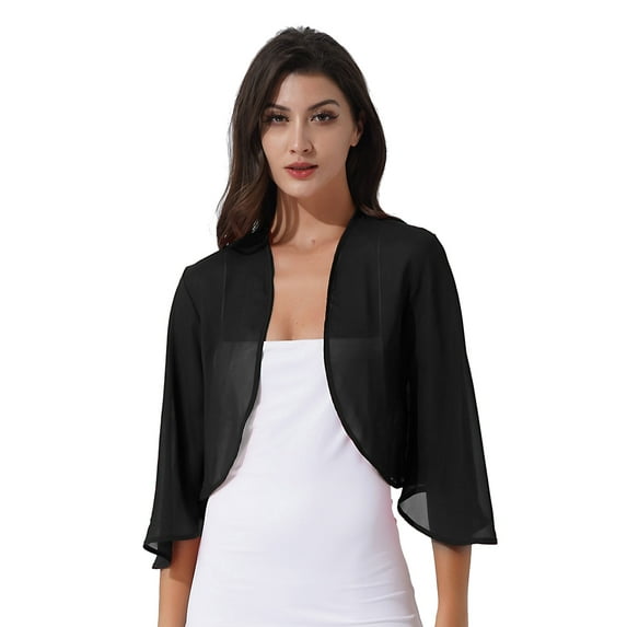 TiaoBug Womens 3/4 Sleeve Chiffon Cardigan Bolero Jacket Open Front Shrugs for Wedding Party Bridal Dress Black S