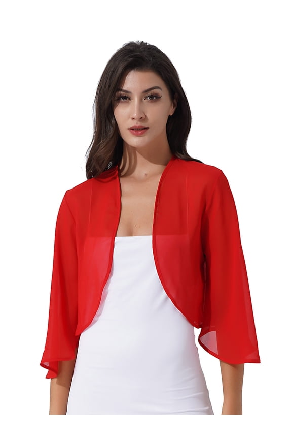 Womens 3/4 Sleeve Chiffon Cardigan Bolero Jacket Open Front Shrugs for Wedding Party Bridal Dress Red L