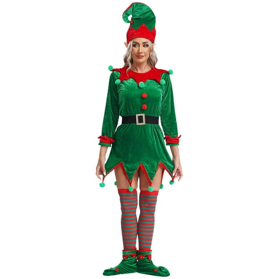TiaoBug Womens 6Pcs Christmas Elf Santa Helper Costume Full Set Adult Xmas Holiday Party Cosplay Outfits Green 160