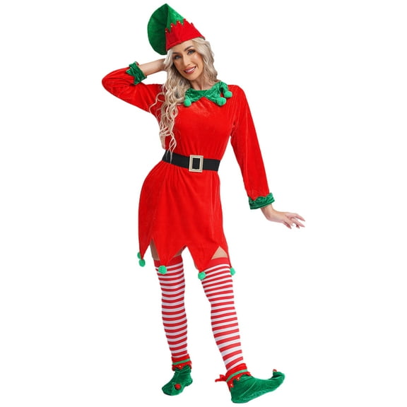 TiaoBug Womens 6Pcs Christmas Elf Santa Helper Costume Full Set Adult Xmas Holiday Party Cosplay Outfits Red 160