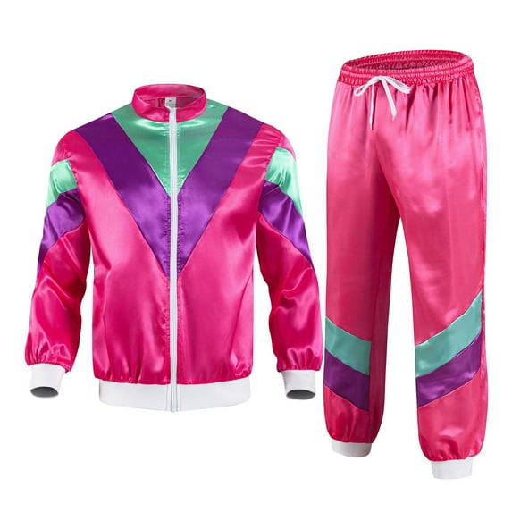 TiaoBug Womens 80s Hippie Disco Jazz Hip Hop Dance Outfits Long Shirts with Jogger Pants Tracksuit Hot Pink S