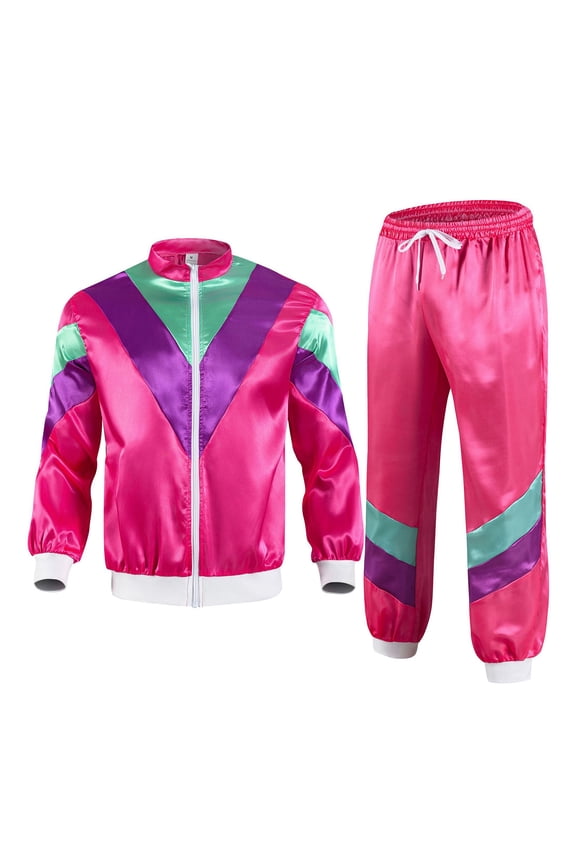 Womens 80s Hippie Disco Jazz Hip Hop Dance Outfits Long Shirts with Jogger Pants Tracksuit Hot Pink XXL