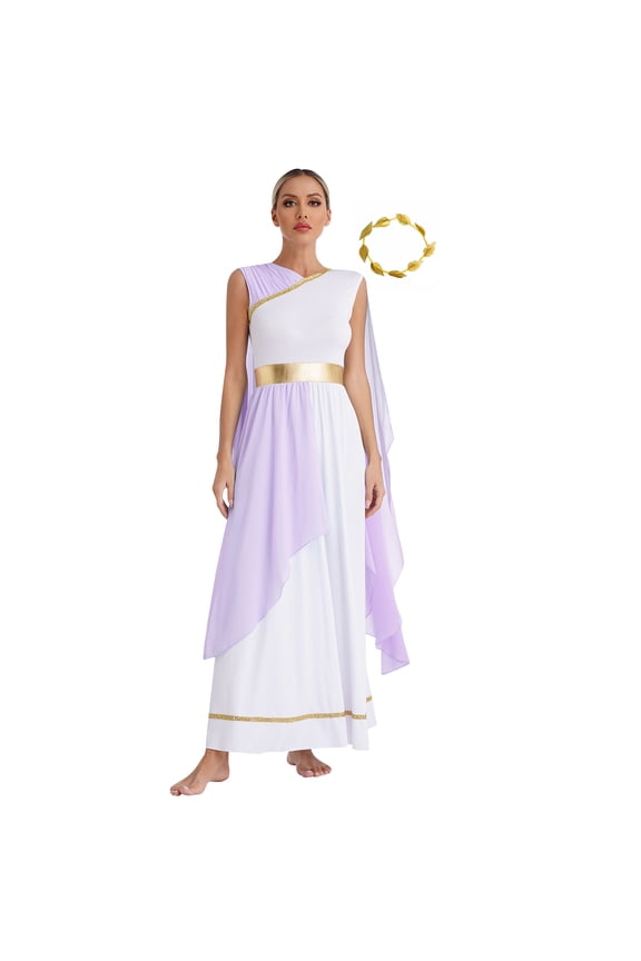 Womens Ancient Greek Costume Grecian Sleeveless Roman Queen Dress God Toga with Headwear Lavender M