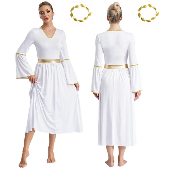 TiaoBug Womens Ancient Greek Queen Roman Gold Trim Dress Robe with Headwear White XXL