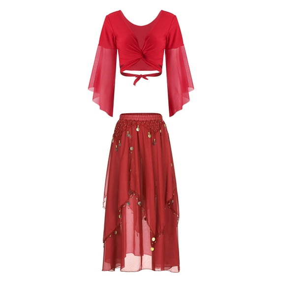 TiaoBug Womens Arabian Belly Dance Dress Outfits Flare Sleeve Crop Top with Chiffon Skirt Set A Red One Size