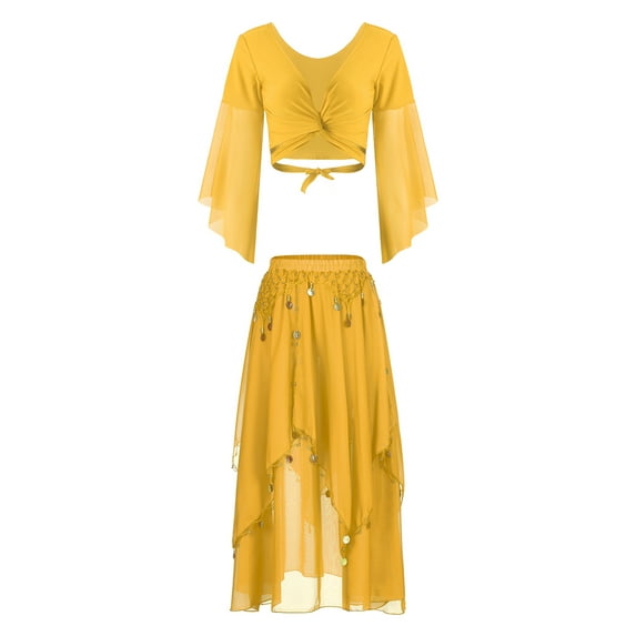 TiaoBug Womens Arabian Belly Dance Dress Outfits Flare Sleeve Crop Top with Chiffon Skirt Set Yellow One Size