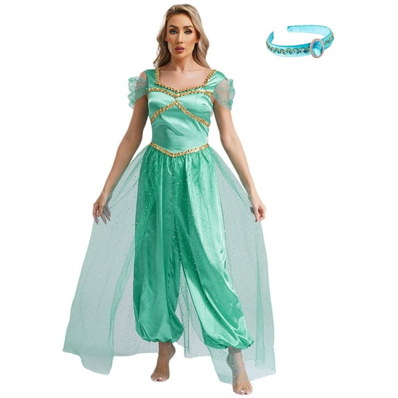 TiaoBug Womens Arabian Princess Costume for Belly Dance Jumpsuit Rave Party Fancy Dress up Turquoise 3XL