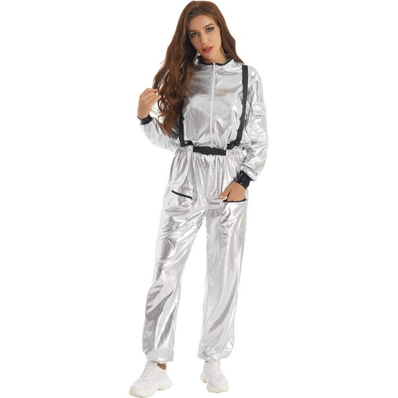TiaoBug Womens Astronaut Cosplay Costume Shiny Silver Long Sleeve Jumpsuit Footless Bodysuit Space Suit Silver L