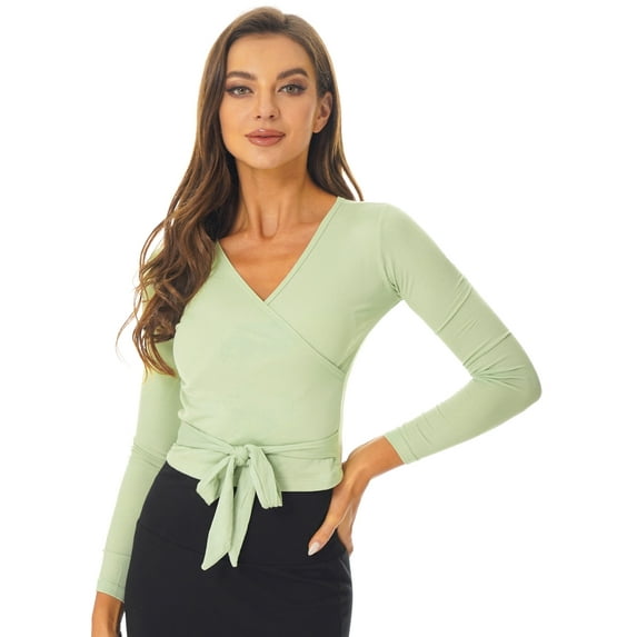 TiaoBug Womens Ballet Belly Dance Cardigan Wrap Top Long Sleeves Casual Gym Yoga Workout Shirt Light Green XL