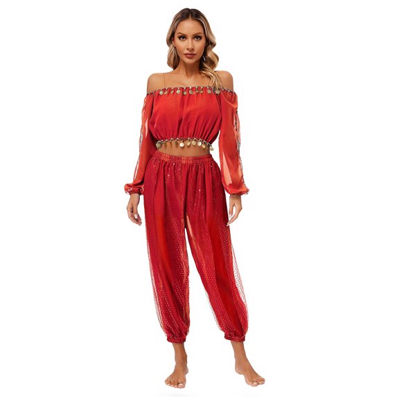 TiaoBug Womens Belly Dance Costume Long Sleeve Off Shoulder Crop Top+Sequined Dots Chiffon Pants Set Red One Size