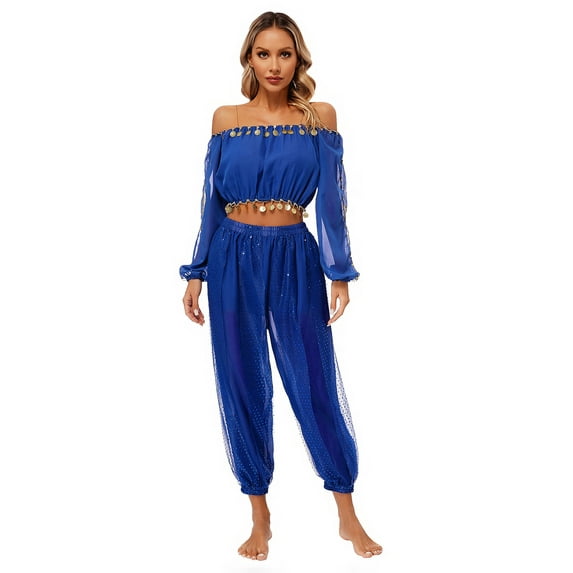TiaoBug Womens Belly Dance Costume Long Sleeve Off Shoulder Crop Top+Sequined Dots Chiffon Pants Set Royal Blue One Size