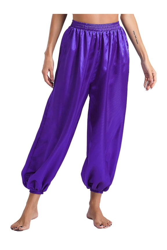 Womens Belly Dance Pants Elastic Waistband Satin Harem Pants Dancing Tribal Latern Bloomers Pants Purple XXL