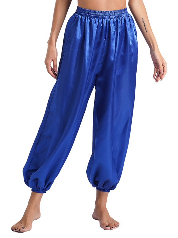 Womens Belly Dance Pants Elastic Waistband Satin Harem Pants Dancing Tribal Latern Bloomers Pants Royal Blue S