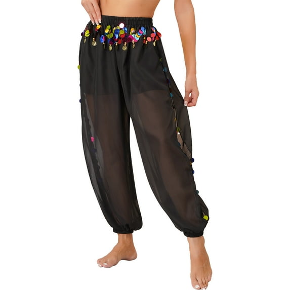 TiaoBug Womens Belly Dance Pants Side Split Sequins Yoga Bloomers Pants Hippie Jogger Trousers Black One Size