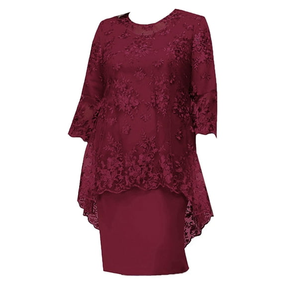 TiaoBug Womens Bride Formal Dress 2 Piece Outfits Half Sleeve Tube Dress And Lace Cover Up Evening Gowns Set Burgundy L