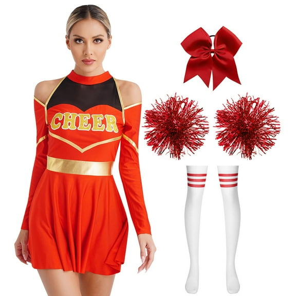 TiaoBug Womens Cheer Leader Costume Cheering Uniform Long Sleeve Dress with Stockings Red B S